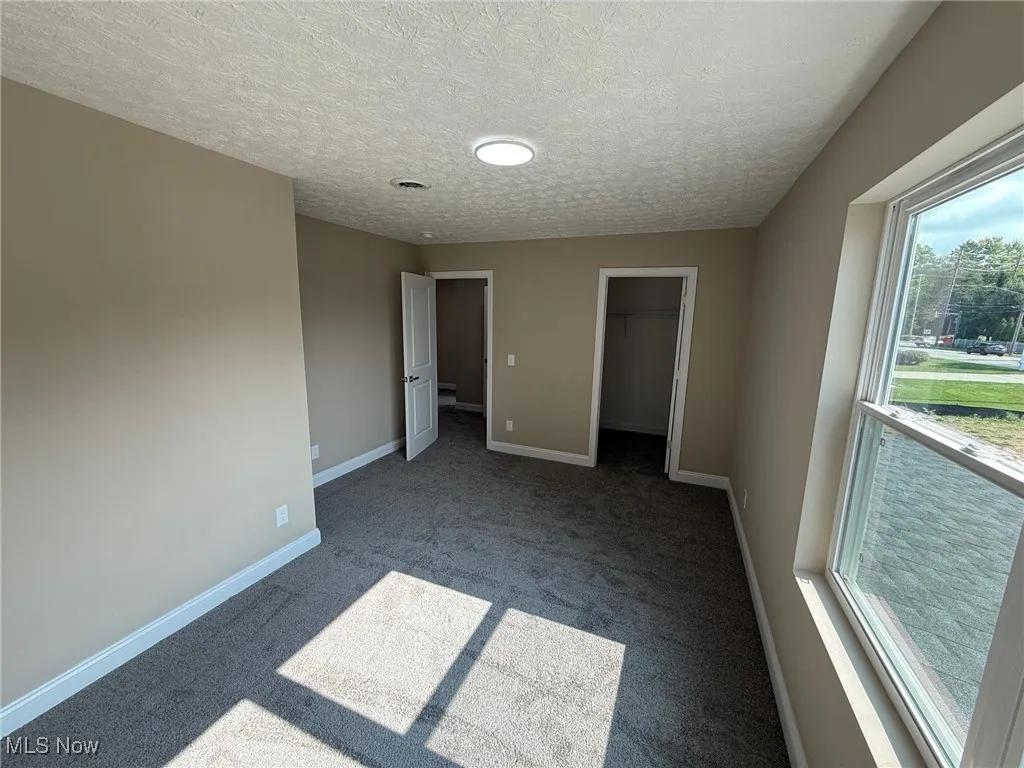 Unfurnished bedroom with a walk in closet, carpet, and a textured ceiling