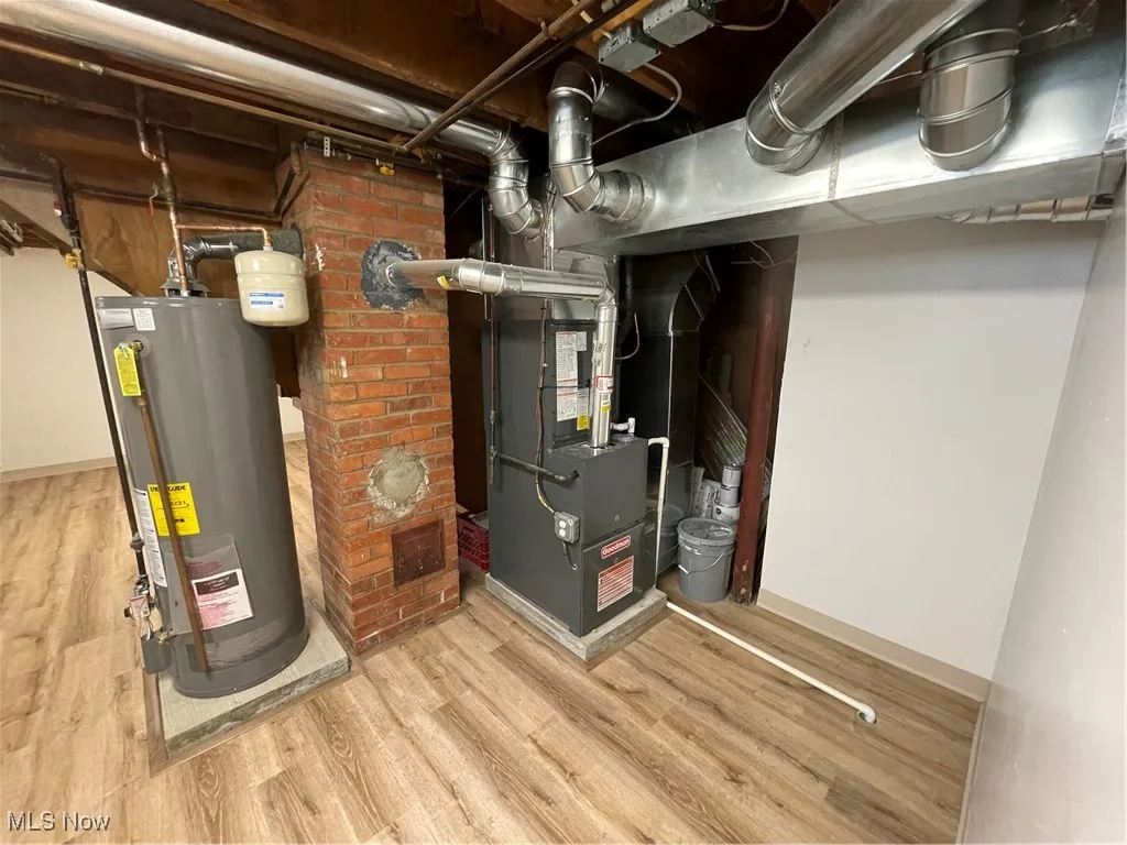 Utility room featuring water heater and heating unit