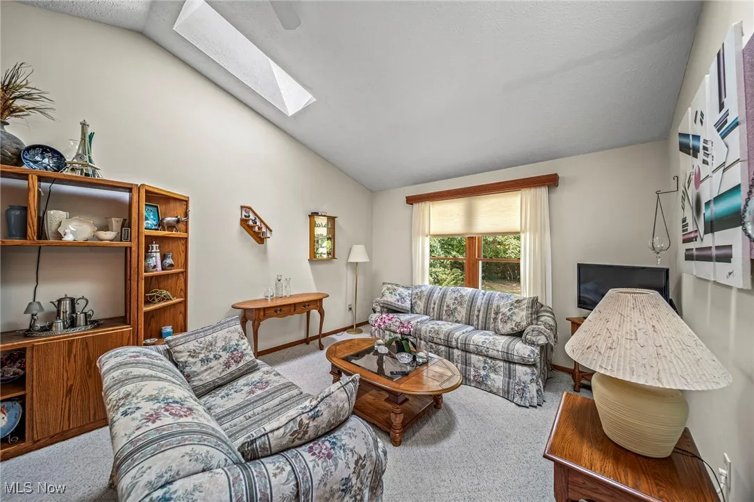 Carpeted living area featuring lofted ceiling and a skylight