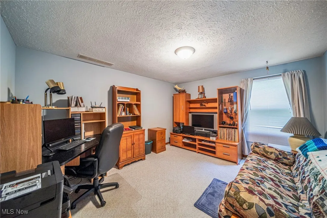 Office with light colored carpet and a textured ceiling