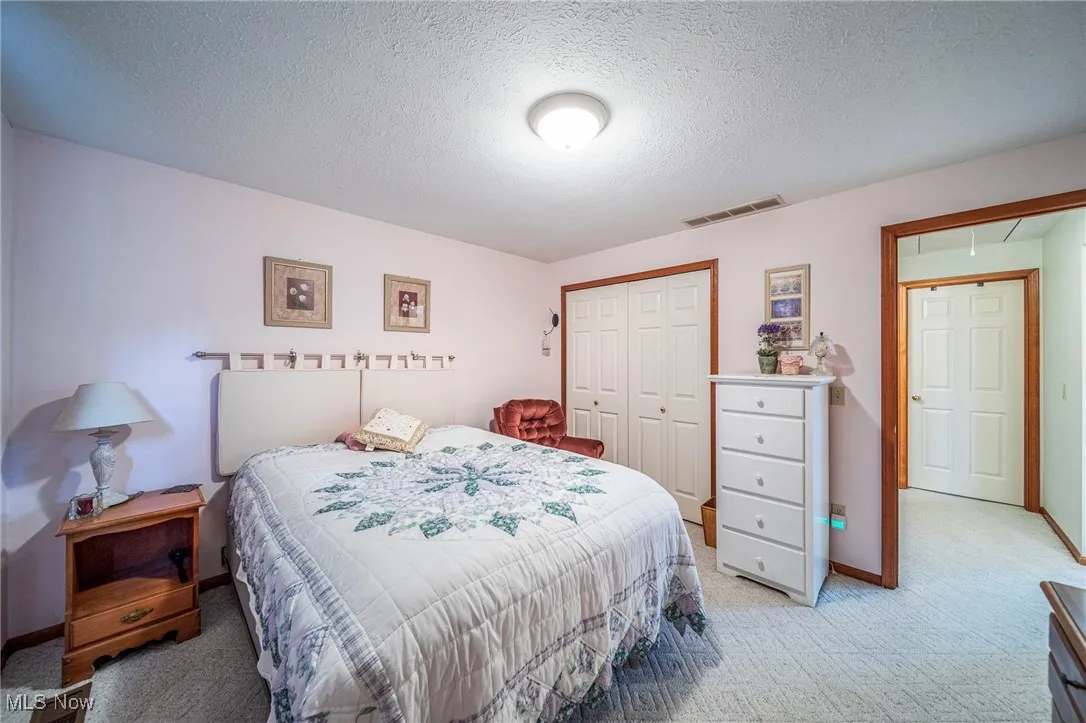 Bedroom featuring light colored carpet, a textured ceiling, and a closet