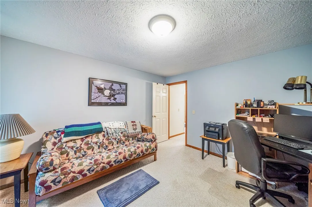 Office area with light colored carpet and a textured ceiling