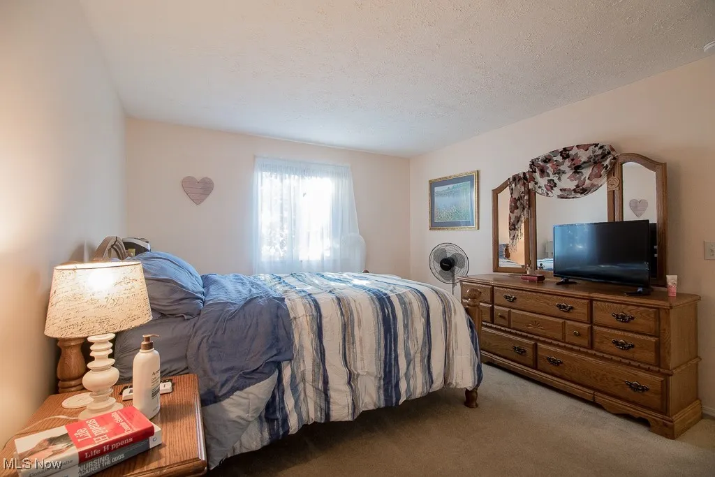 Bedroom with a textured ceiling and carpet