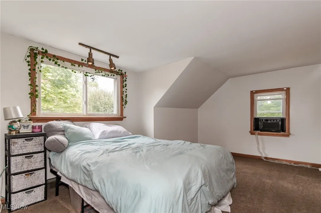 Bedroom featuring carpet floors and vaulted ceiling