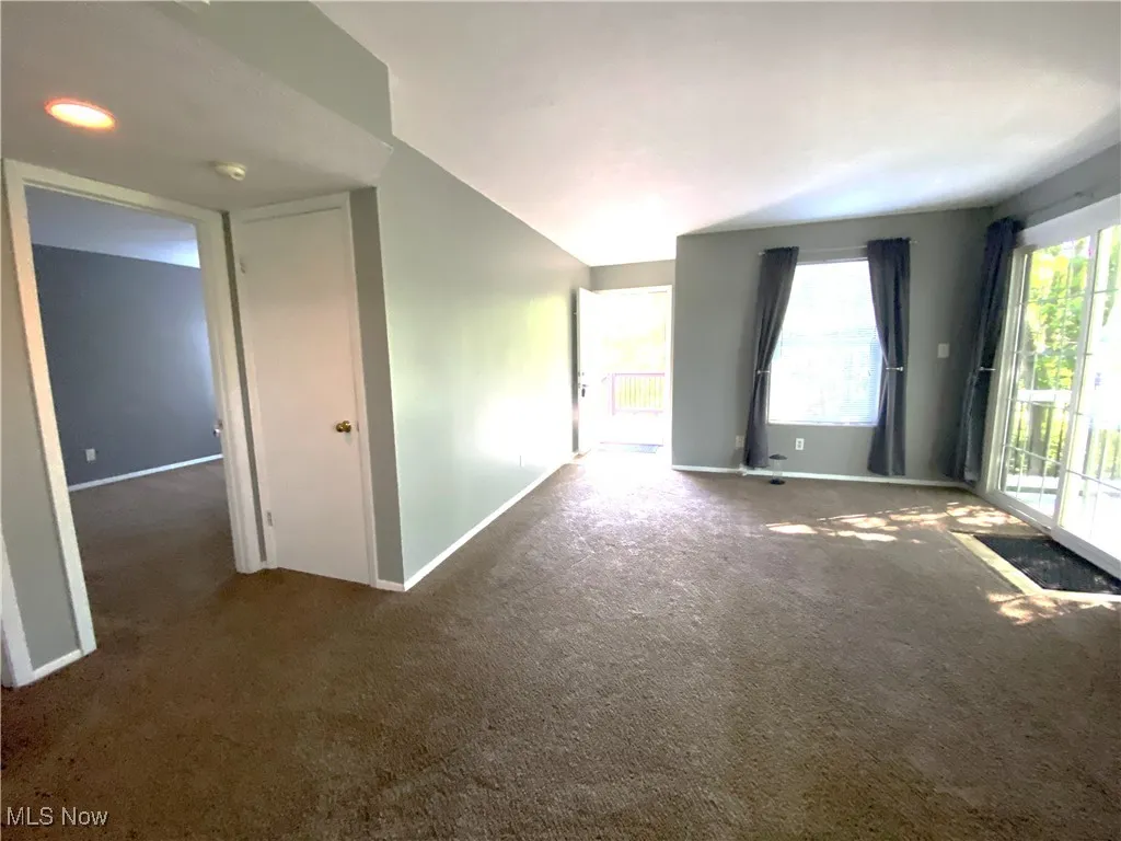 Lkiving room with carpet and coat closet
