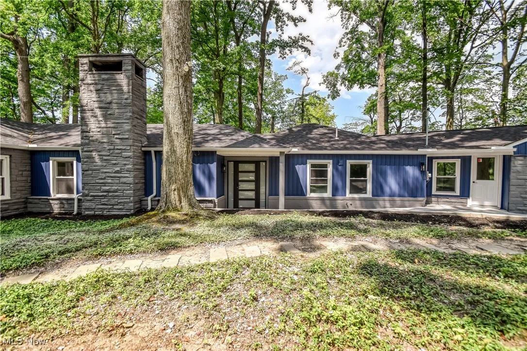 View of front of property featuring a shingled roof and a chimney