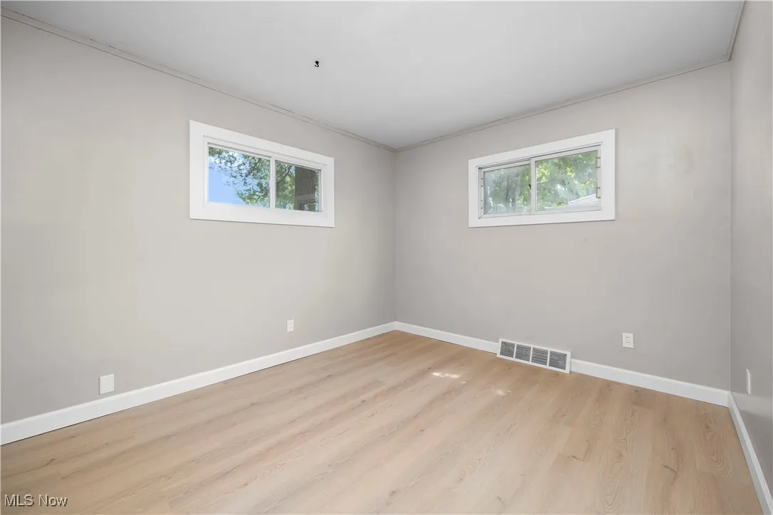 Empty room with healthy amount of natural light, light wood-style flooring, and ornamental molding