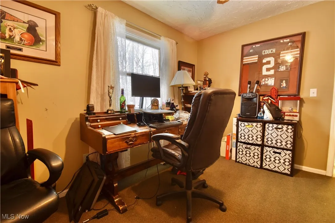 Office space featuring a textured ceiling and carpet flooring