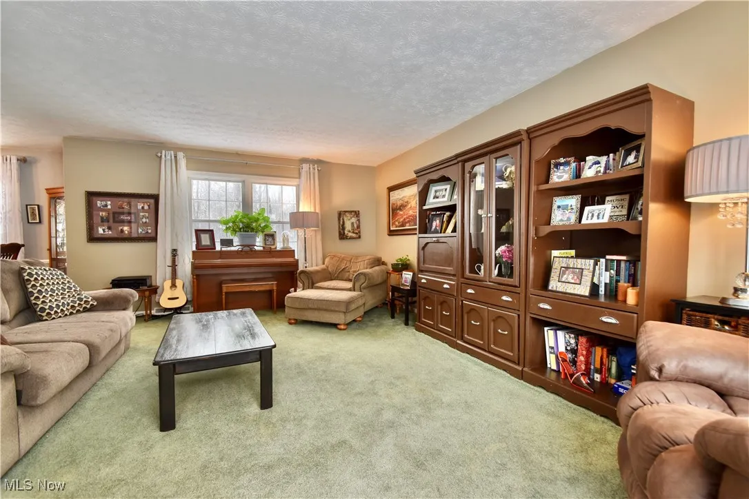 Living area featuring a textured ceiling and light carpet