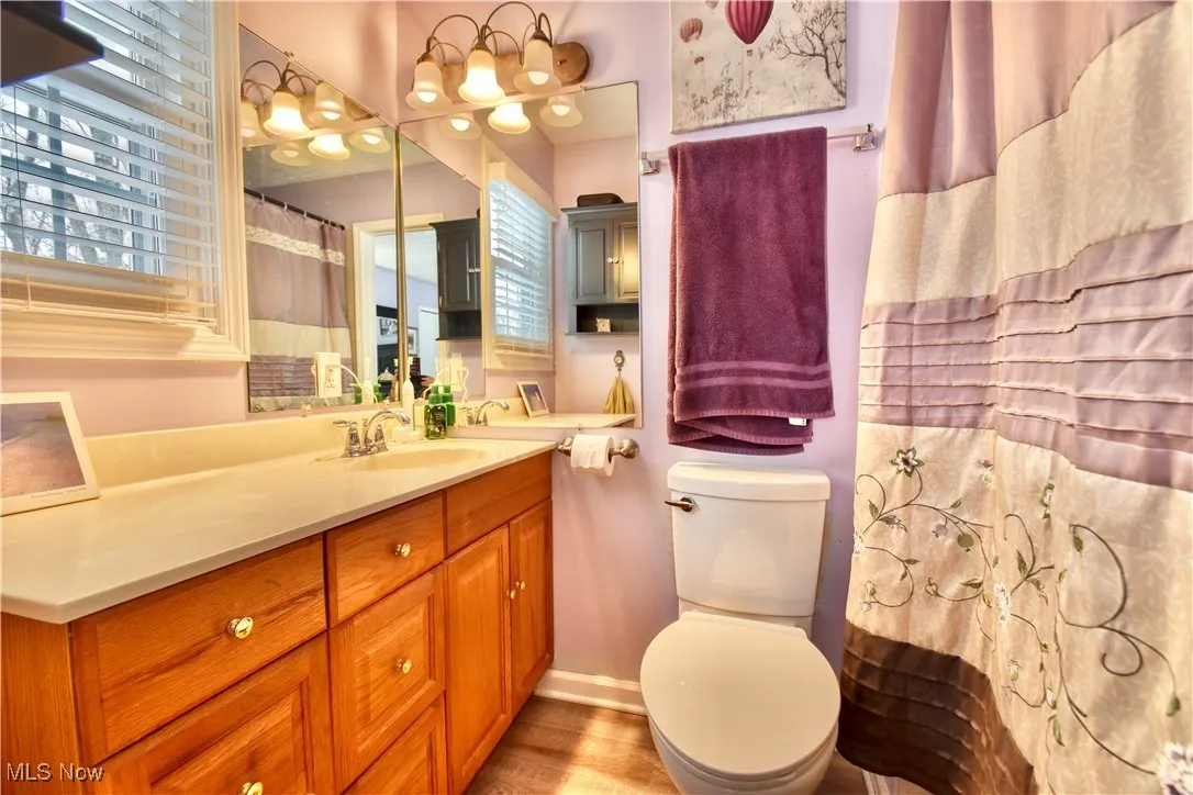 Full bath featuring vanity and light wood finished floors
