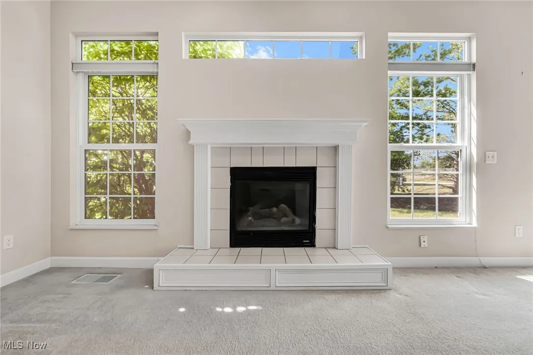 Detailed view of carpet and a tile fireplace