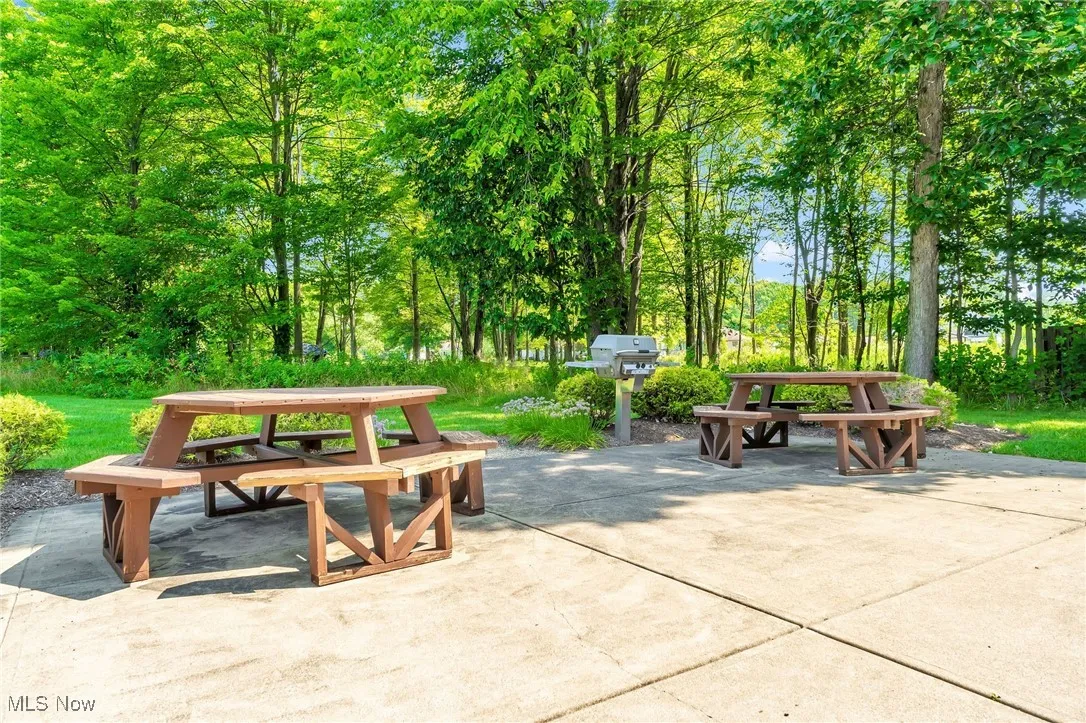 View of property's community with a patio area, view of scattered trees, and outdoor dining area