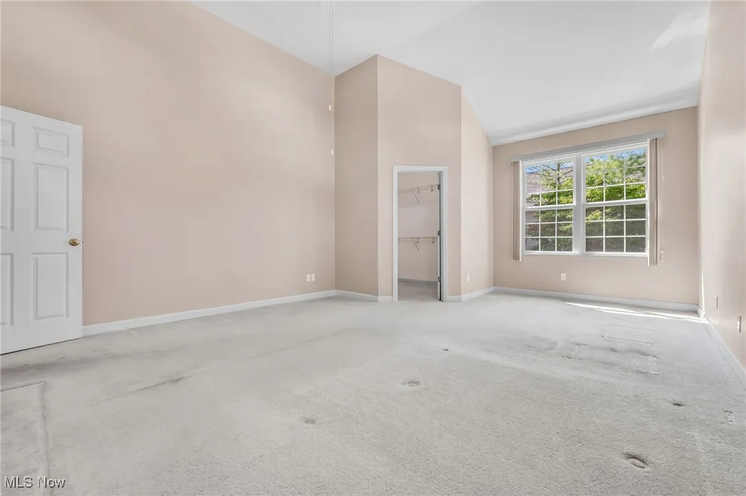 Unfurnished bedroom with a spacious closet, carpet floors, and high vaulted ceiling
