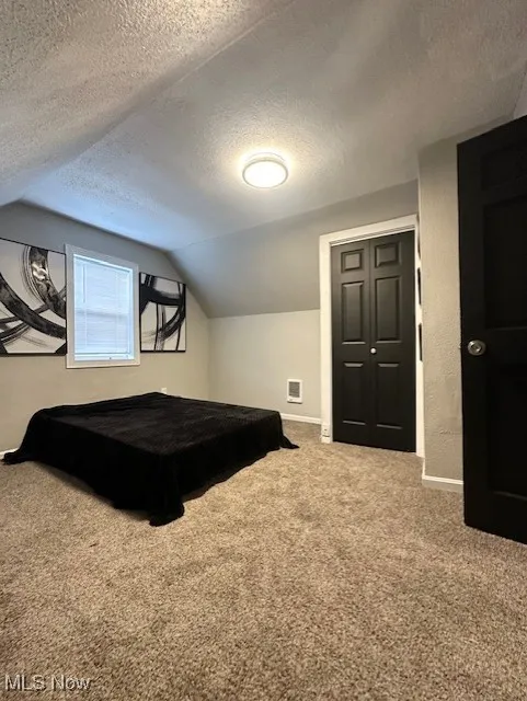Carpeted bedroom featuring lofted ceiling and a textured ceiling