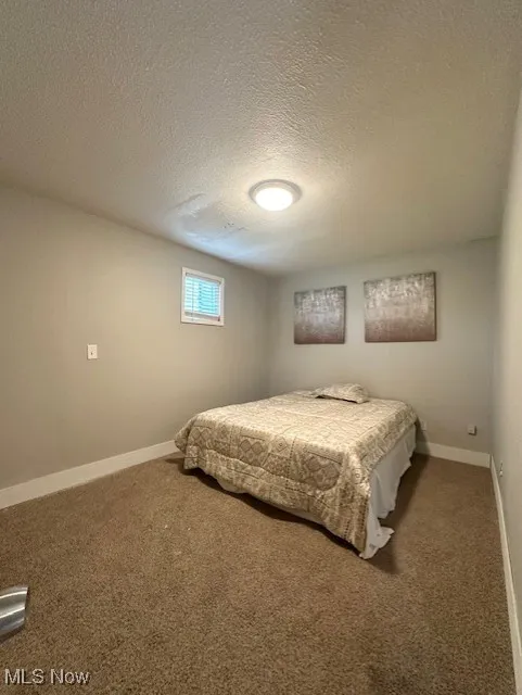 Carpeted bedroom with a textured ceiling and baseboards