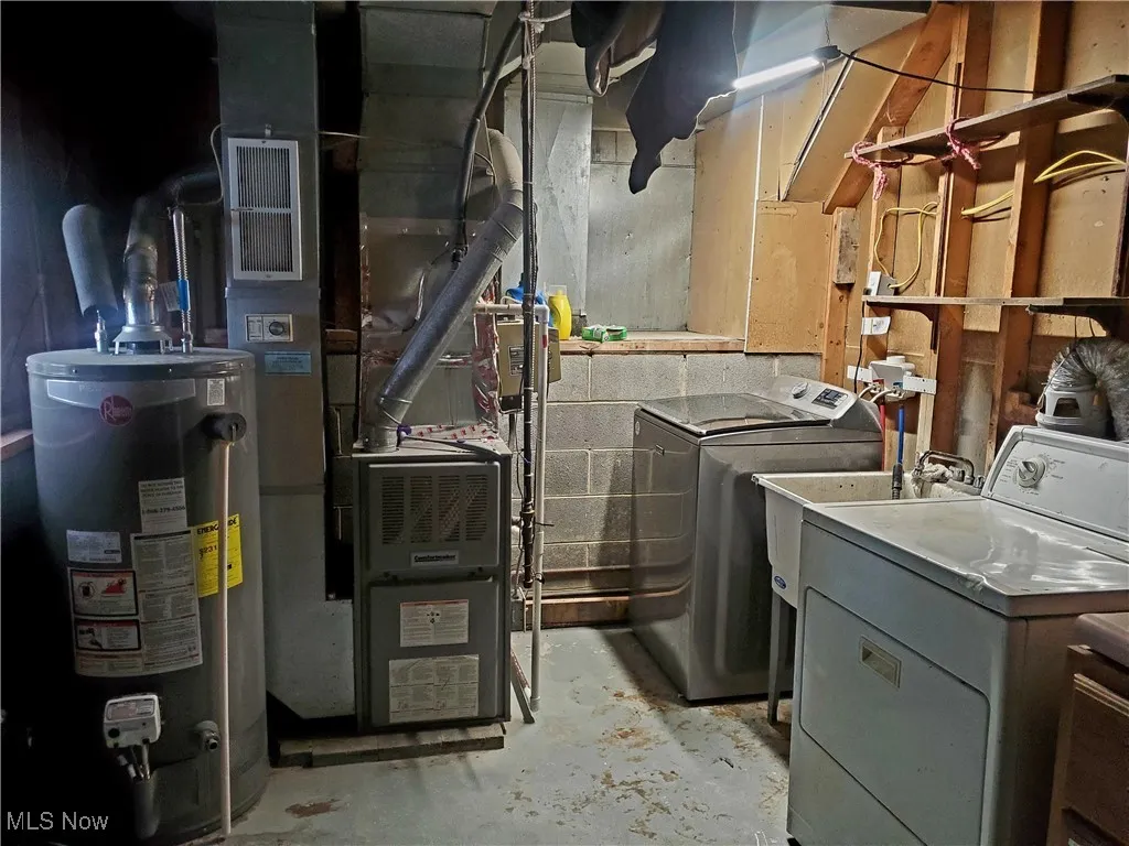 Laundry area featuring gas water heater and washer and clothes dryer