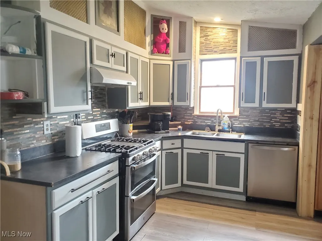 Kitchen featuring dark countertops, stainless steel appliances, gray cabinets, under cabinet range hood, and light wood-style flooring