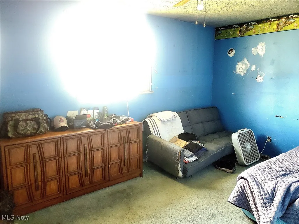 Living area featuring carpet floors and a textured ceiling