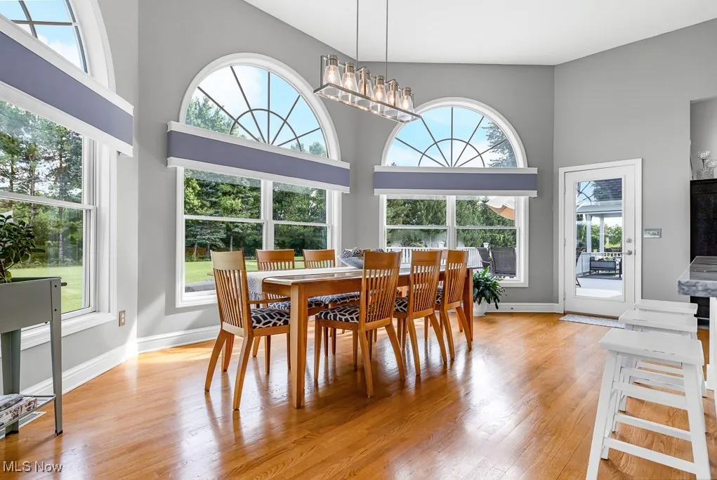 Dining space with healthy amount of natural light, light wood-type flooring, and a high ceiling
