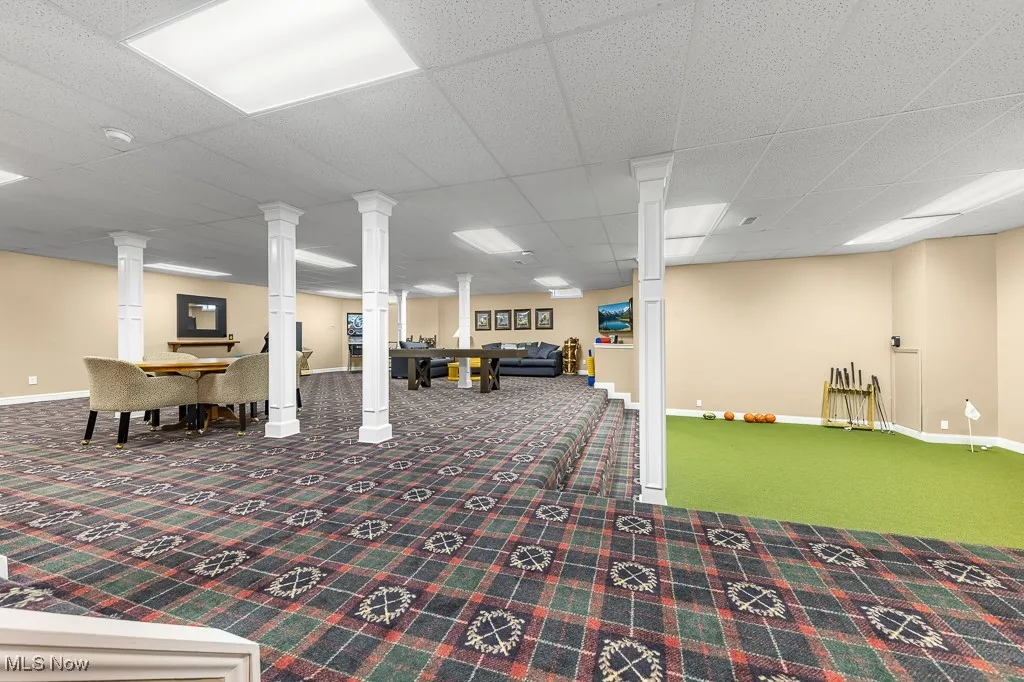 Basement with carpet flooring and a drop ceiling