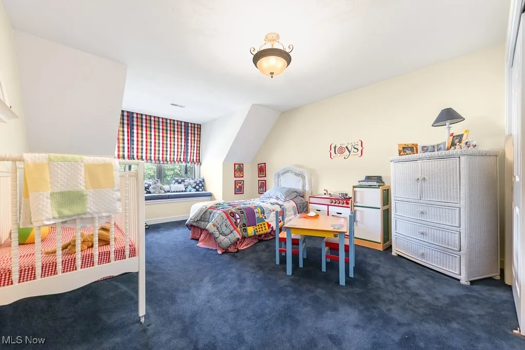 Bedroom with dark colored carpet
