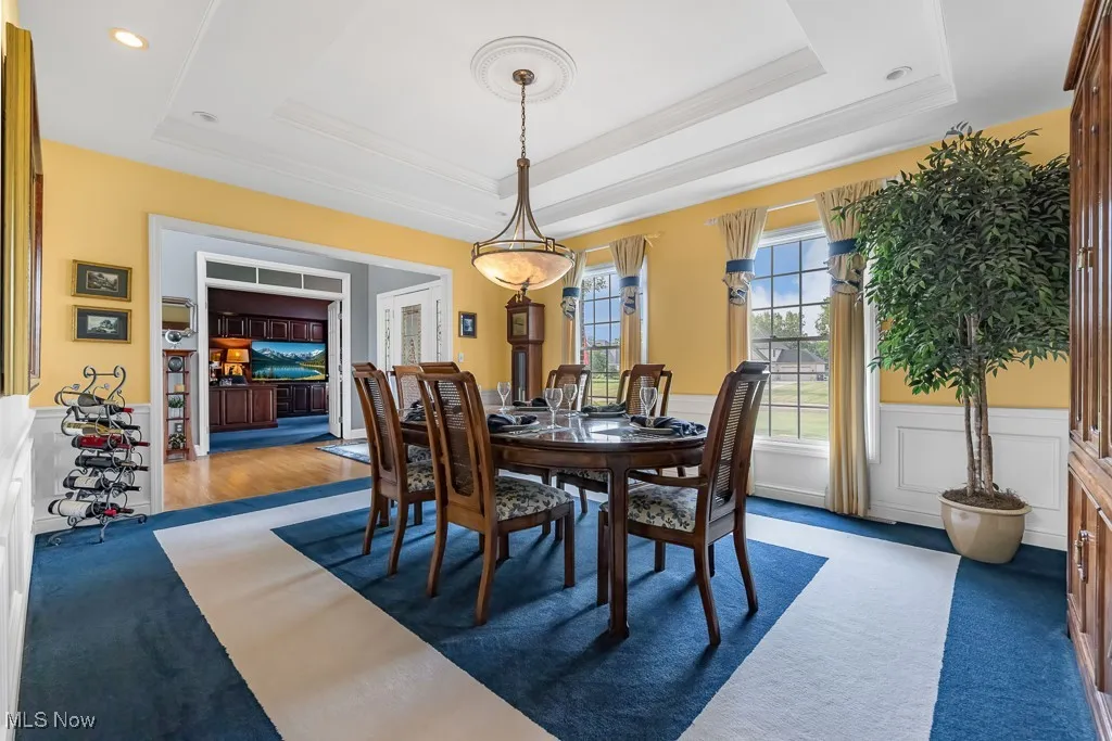 Dining area with a tray ceiling, carpet floors, a wainscoted wall, crown molding, and a decorative wall