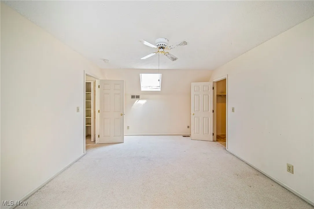 Spare room with a skylight, carpet, and a ceiling fan
