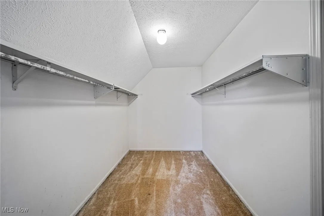 Spacious closet featuring light colored carpet and vaulted ceiling