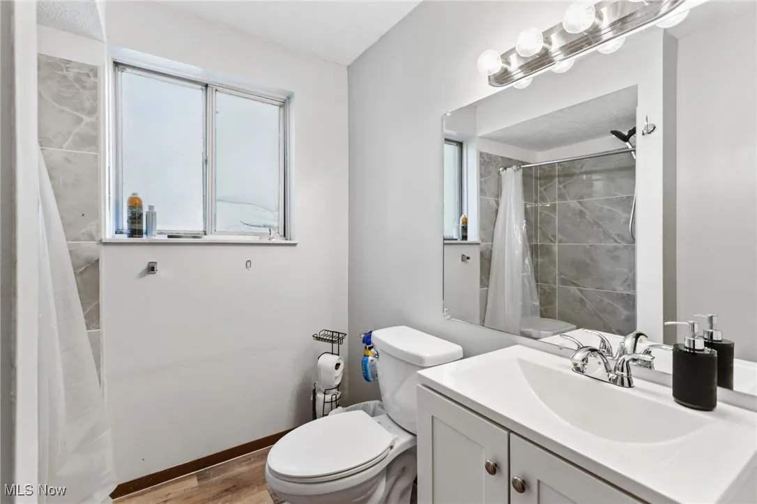 Bathroom featuring vanity, wood finished floors, and a shower with shower curtain