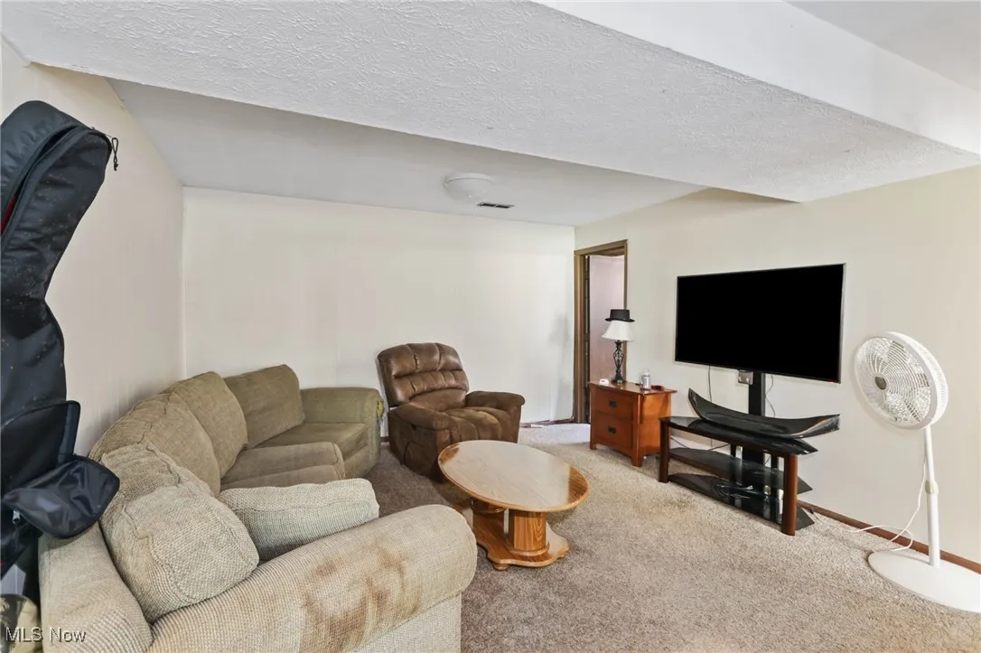 Living area with a textured ceiling and carpet