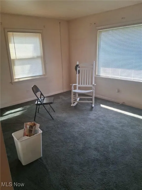 Sitting room featuring dark colored carpet