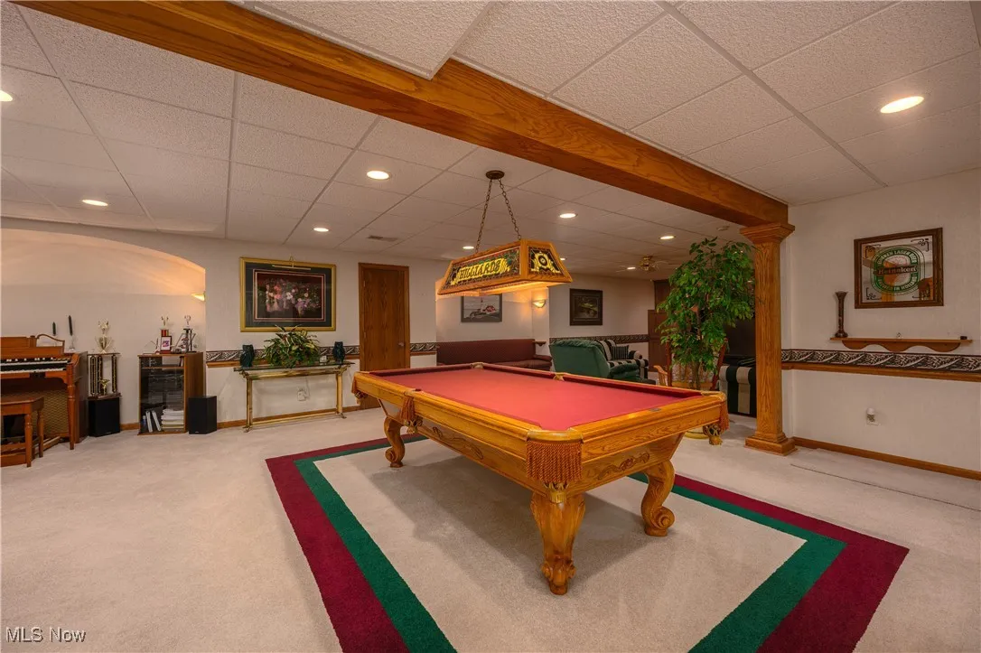 Recreation room with recessed lighting, carpet flooring, a drop ceiling, and billiards table