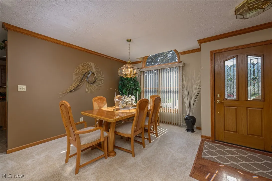 Dining area featuring a textured ceiling, ornamental molding, light wood-style floors, and light carpet