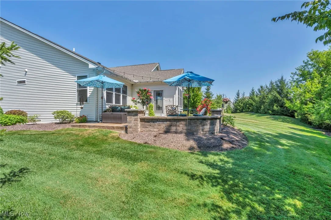 Rear view of property with a patio and a lawn