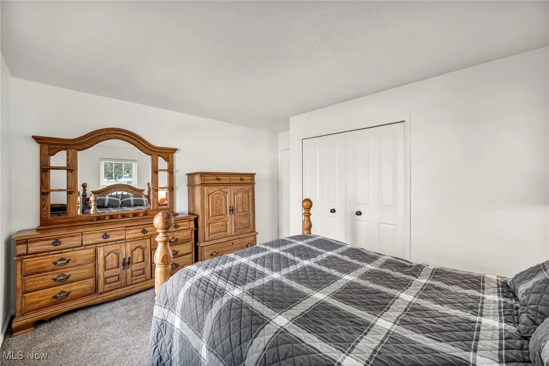 Bedroom featuring carpet and a closet