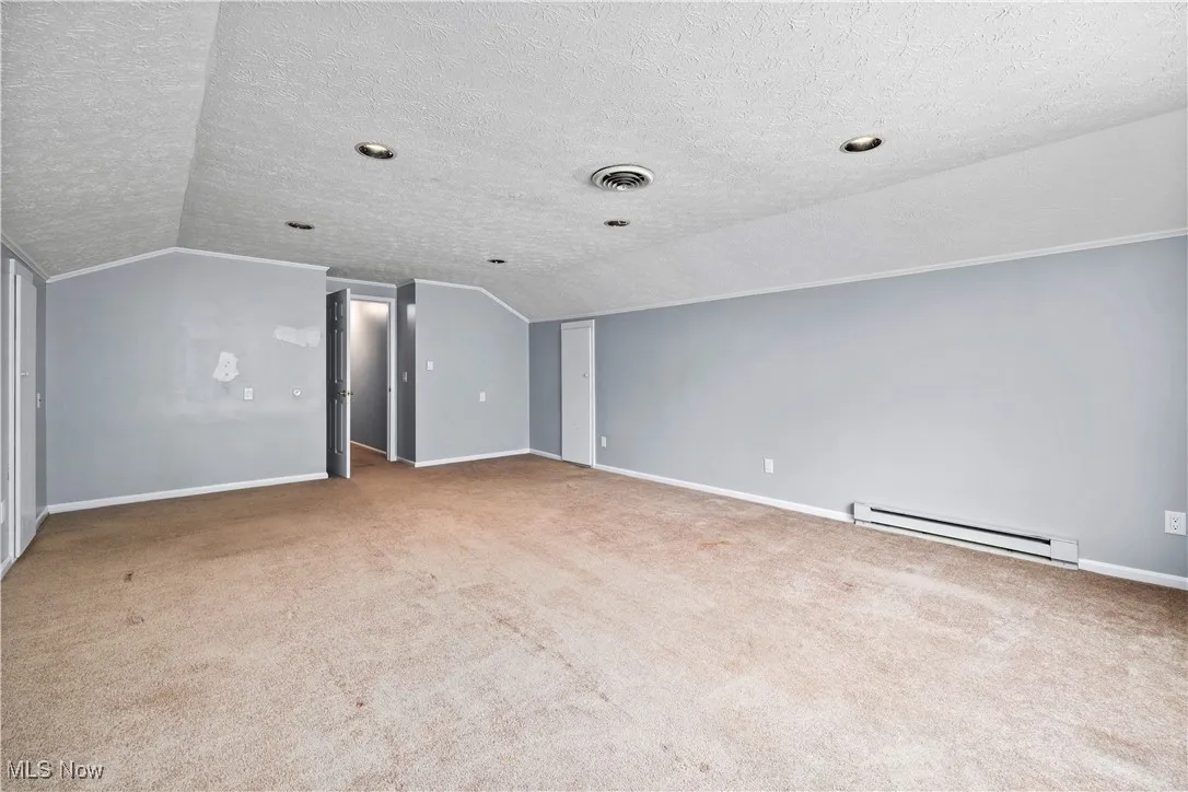 Bonus room with a baseboard radiator, vaulted ceiling, carpet floors, and a textured ceiling