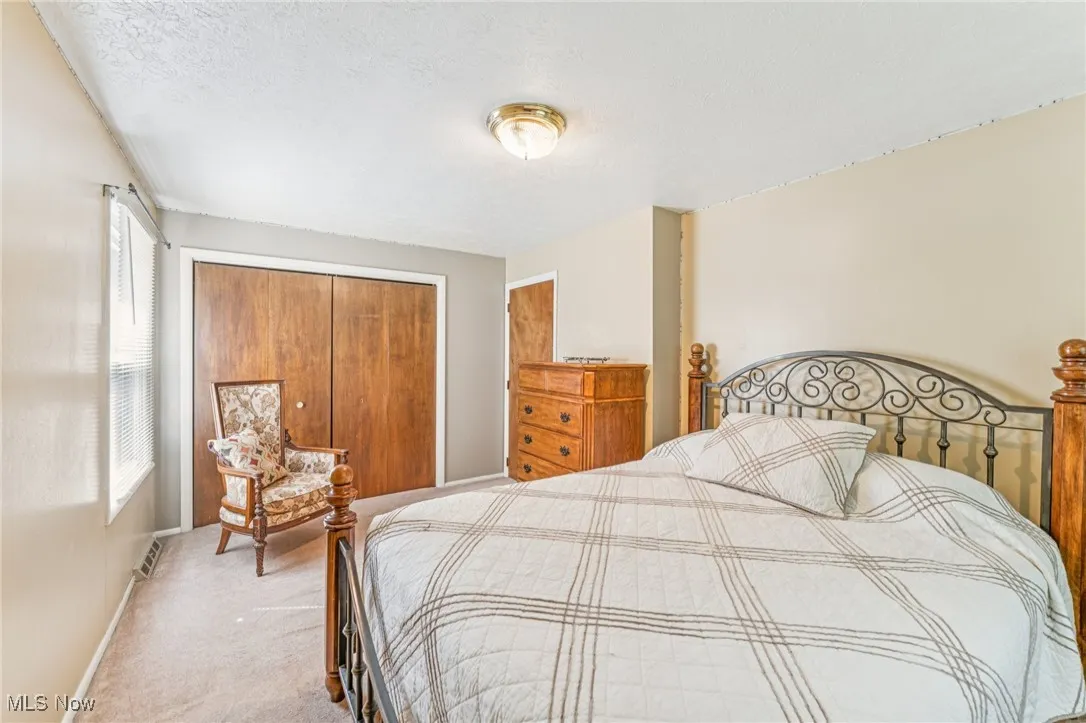 Bedroom featuring a closet, light colored carpet, and a textured ceiling
