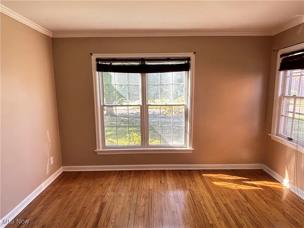 Spare room with crown molding, wood finished floors, and healthy amount of natural light