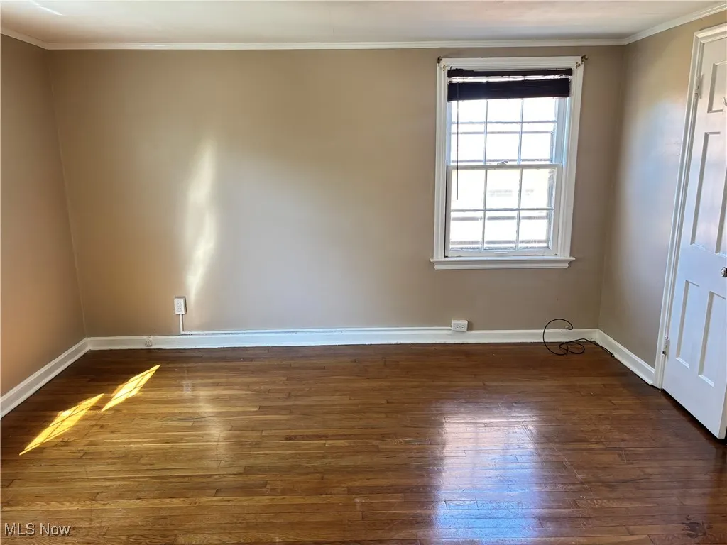 Empty room with crown molding and dark wood finished floors