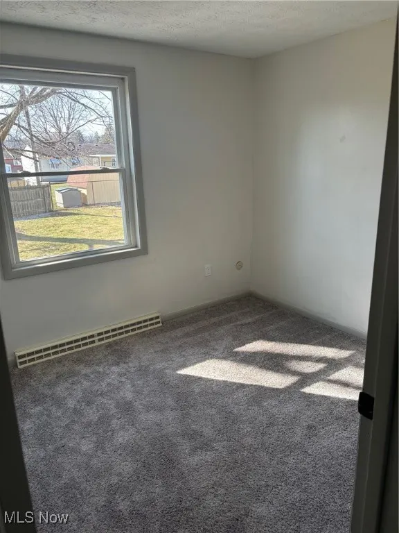Unfurnished room with carpet, and a textured ceiling
