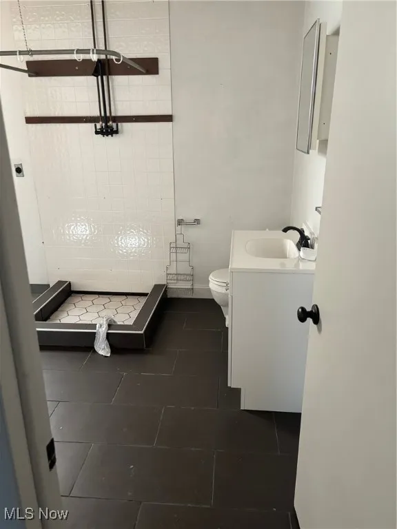 Bathroom with vanity, dark tile patterned floors, and a stall shower
