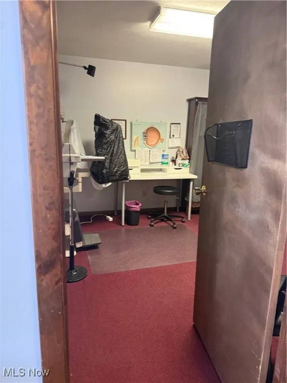 Office featuring carpet floors and a textured ceiling
