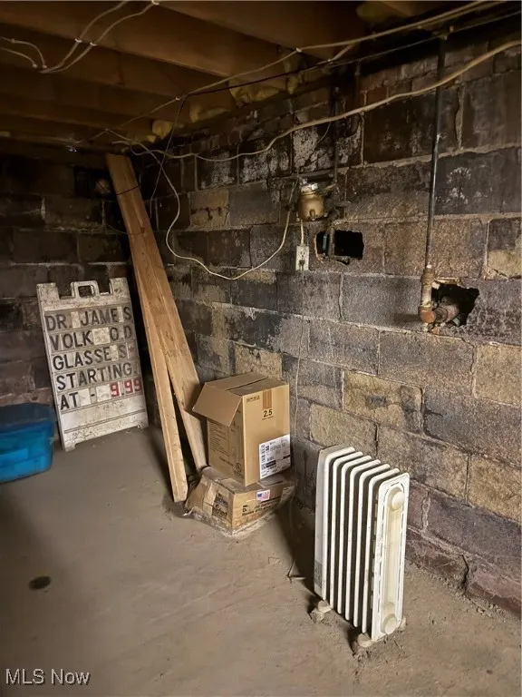 Unfinished basement featuring radiator