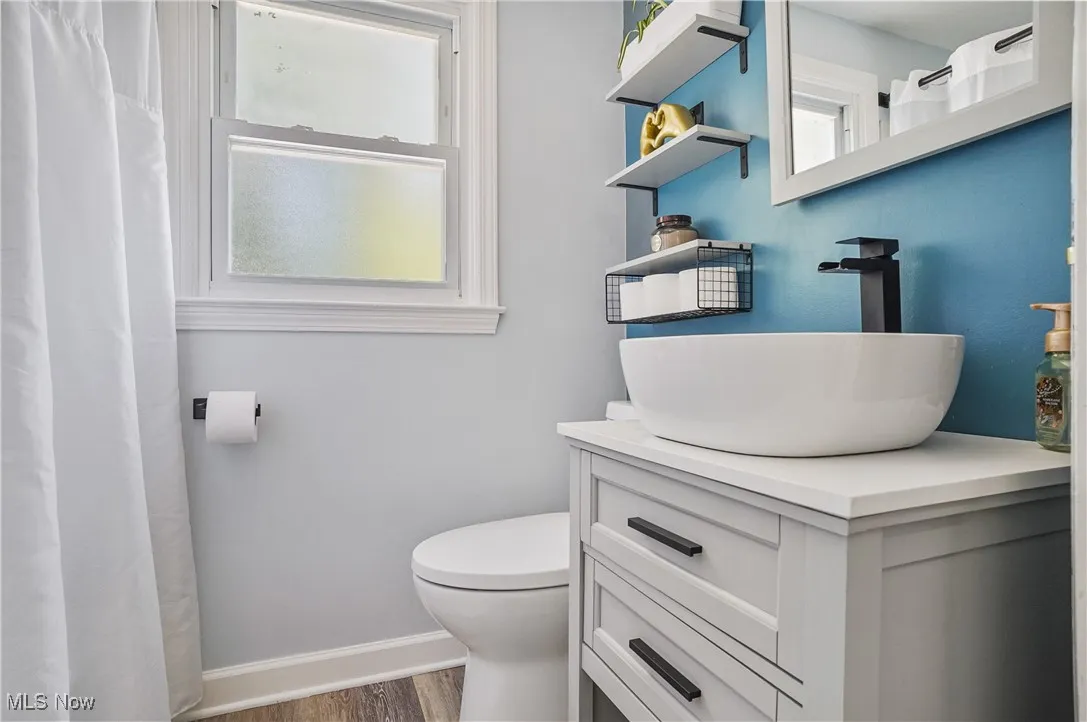 Bathroom with dark wood-type flooring, vanity, and a shower with curtain