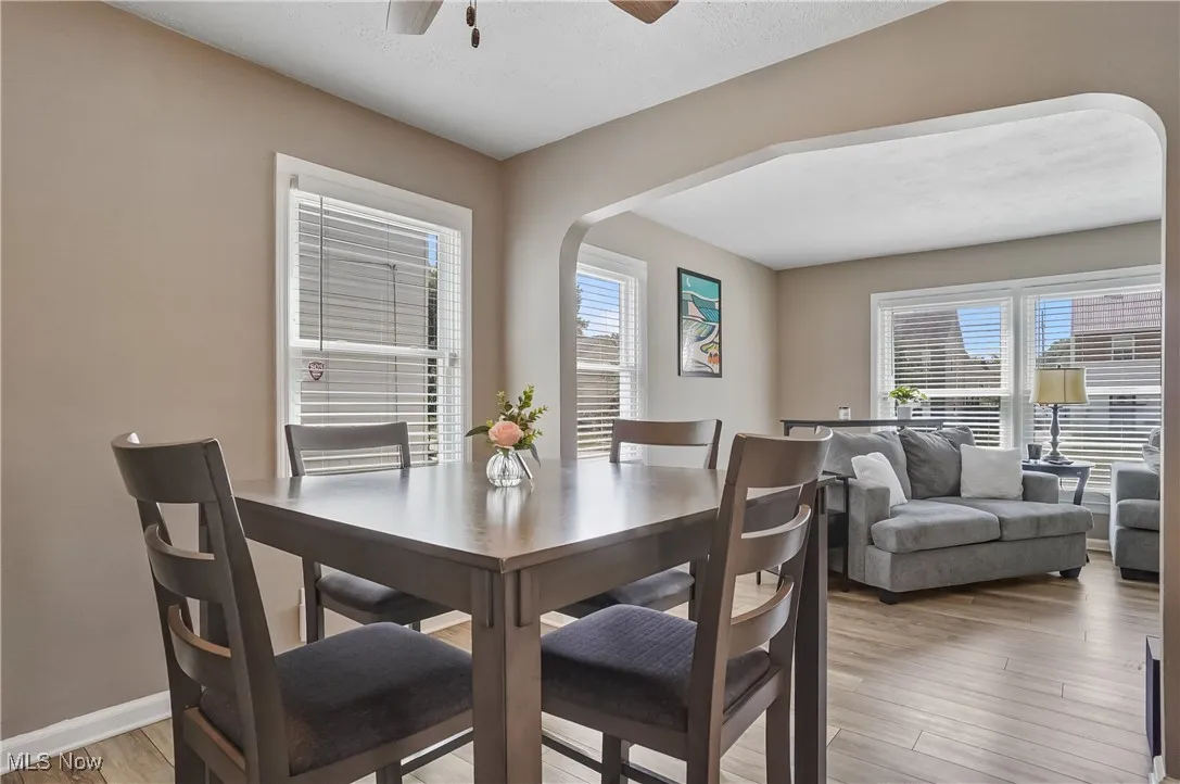 Dining space featuring light wood-type flooring, a ceiling fan, and arched walkways