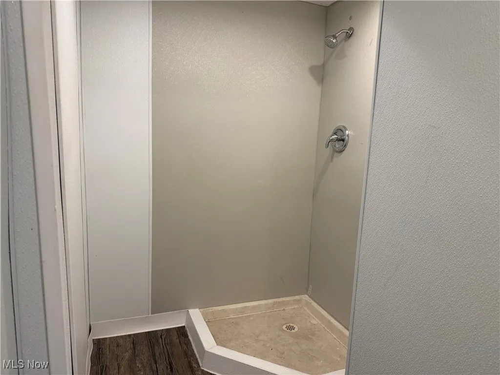 Bathroom featuring a shower stall and dark wood-style floors