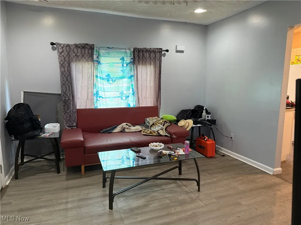 Living area featuring light wood-style flooring and recessed lighting