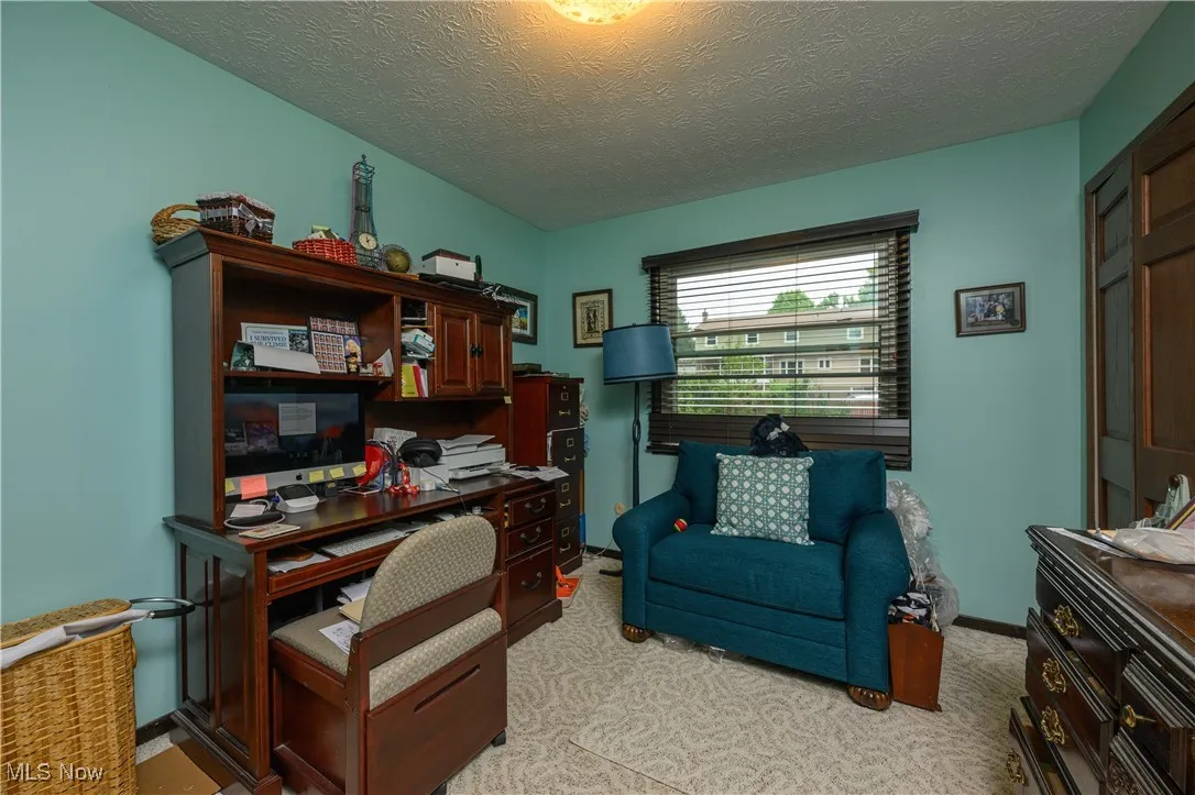 Office with a textured ceiling and light carpet