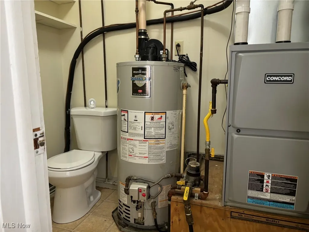 Utility room with water heater and heating unit and toilet