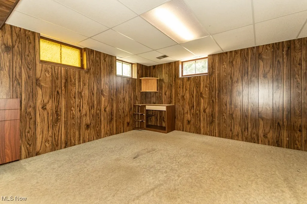 Below grade area with carpet floors, a paneled ceiling, and wood walls